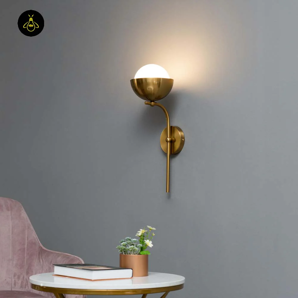 Brass & Glass Wall Lamp – Vintage Spherical Opal Finish | Wall Lighting for Living, Bedroom, Corridor | Bright House