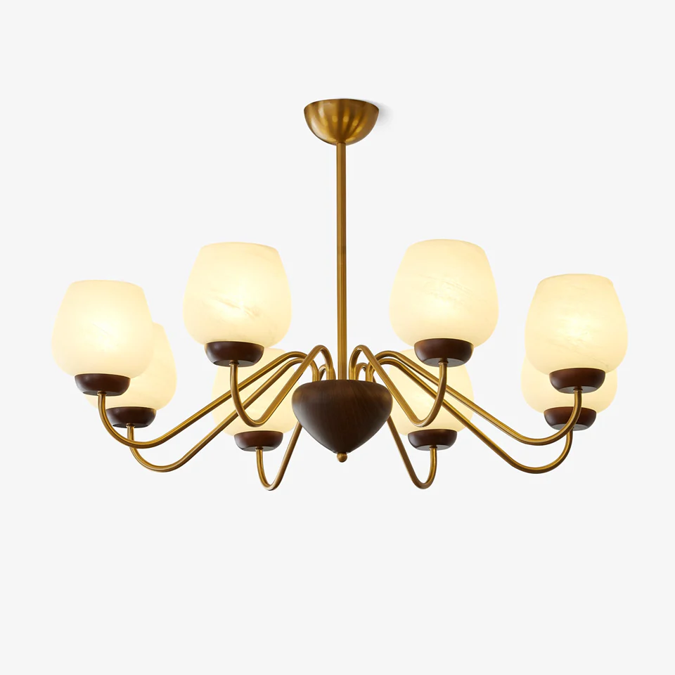 Aurorium Hallway Chandelier with Globe Glass Shades | Gold & Walnut Finish | Bright House
