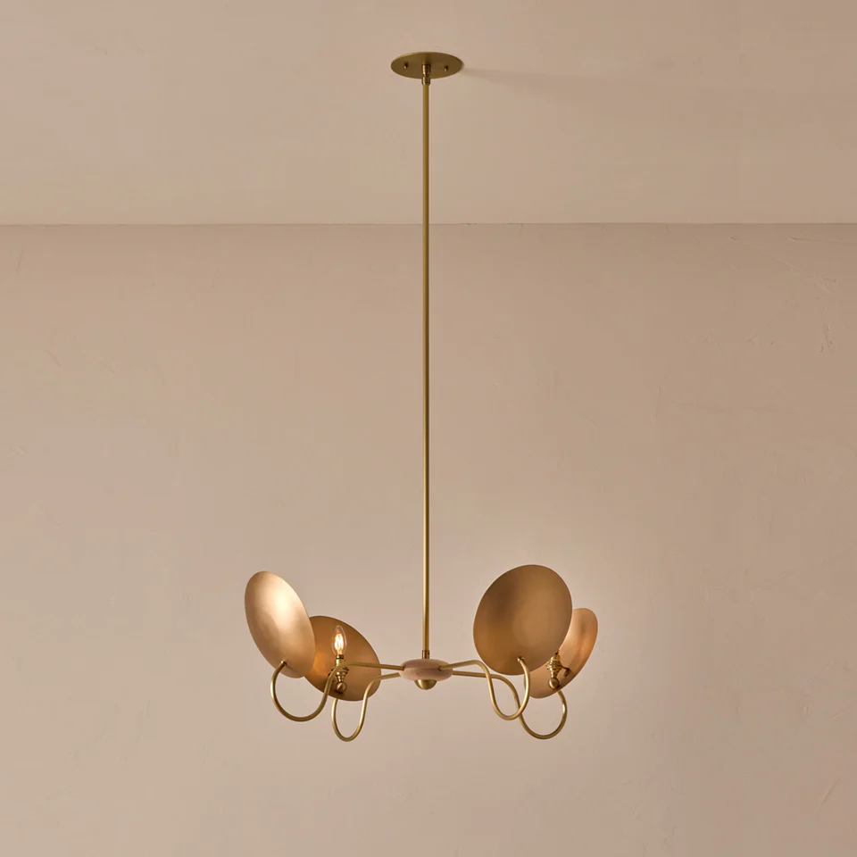 Wood & Brass Chandelier – Hand-Spun Bronze Reflectors | Chandelier Light for Dining & Living Spaces | Bright House