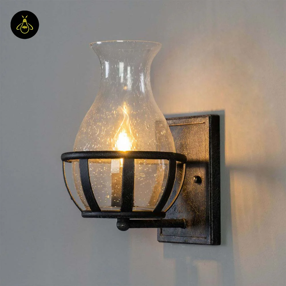 Glass & Metal Wall Light – Black Industrial Vase | Corridor & Living Room Lighting | Bright House