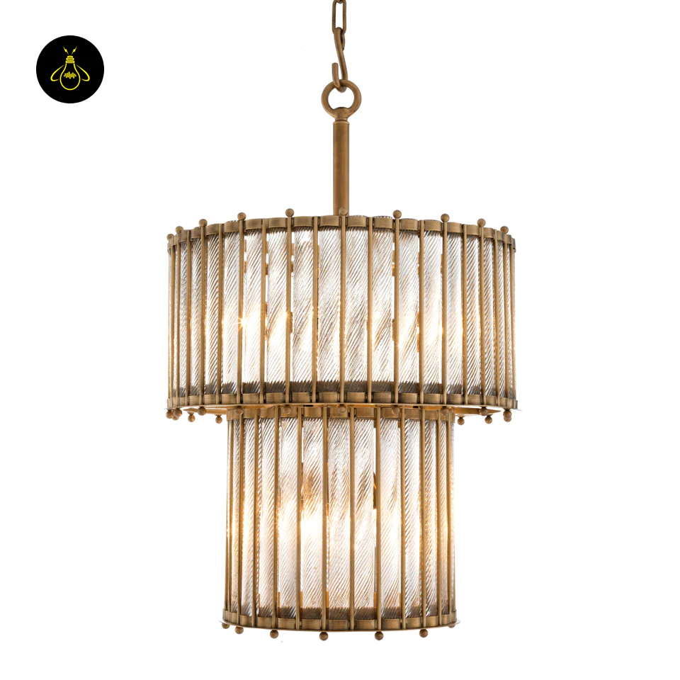 Lantern Tiziano Double – Antique Brass & Clear Glass | Luxury Chandelier for Living & Dining