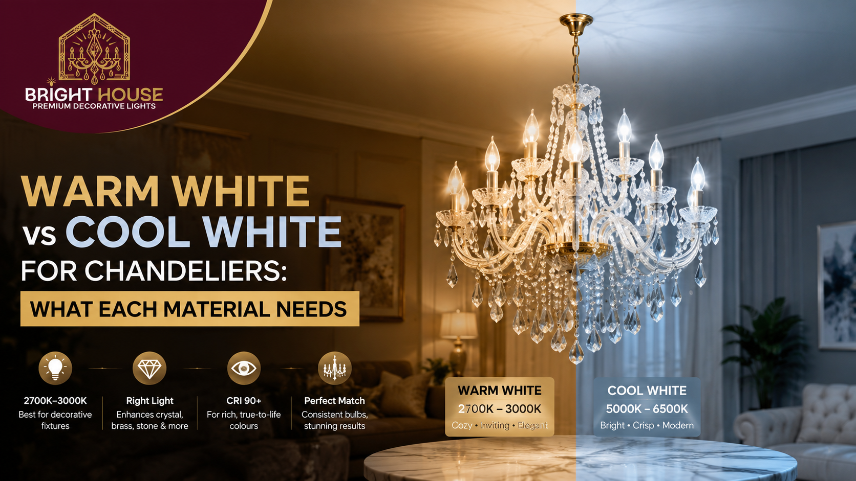 Warm White vs Cool White for Chandeliers: What Each Material Needs