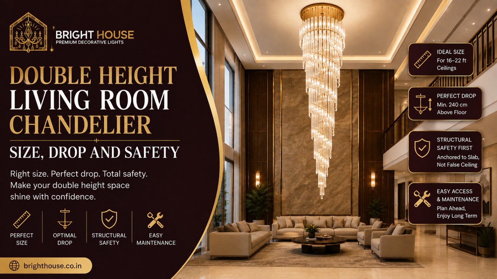 Double Height Living Room Chandelier: Size, Drop and Safety
