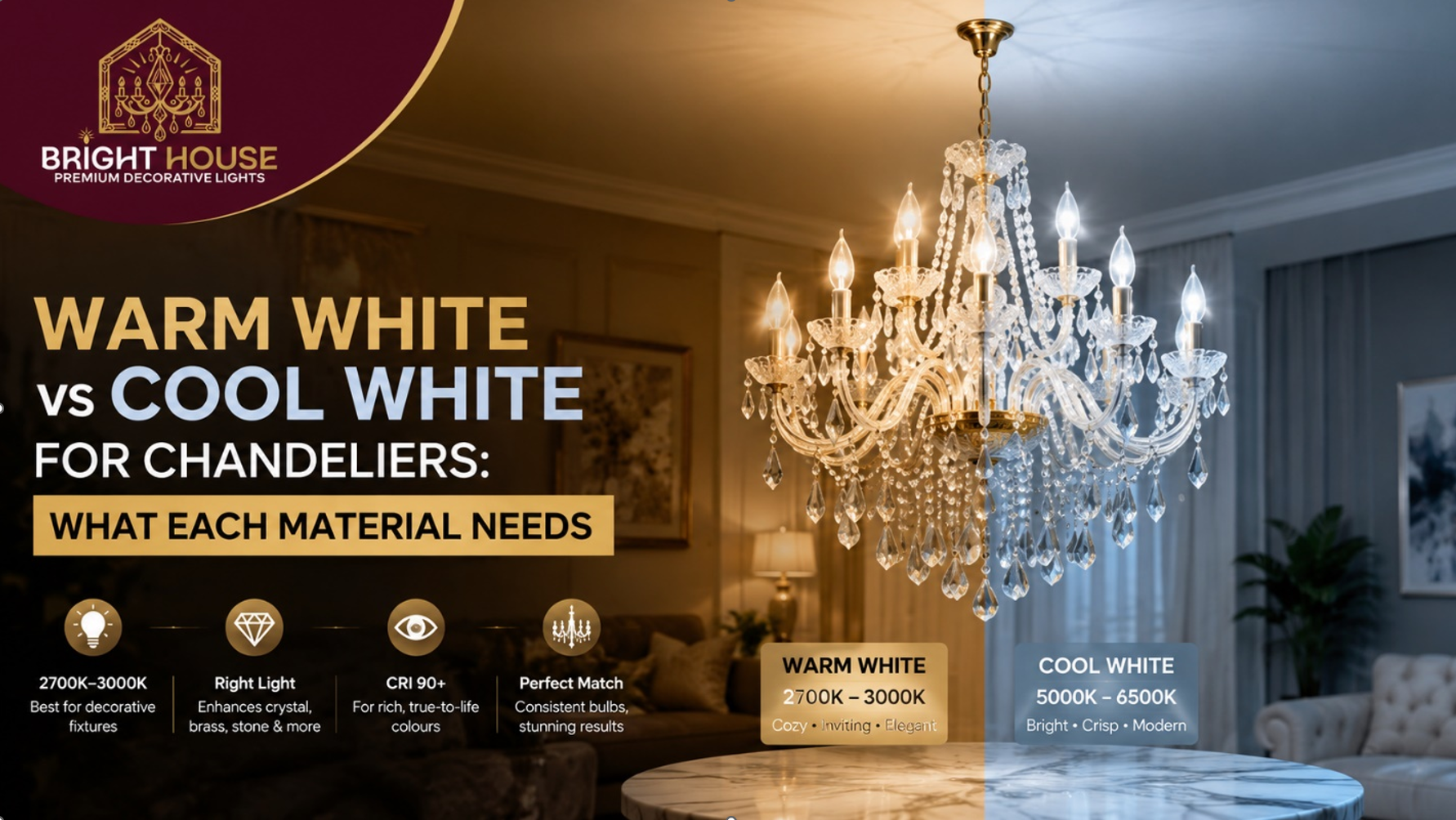 Warm White vs Cool White for Chandeliers: What Each Material Needs